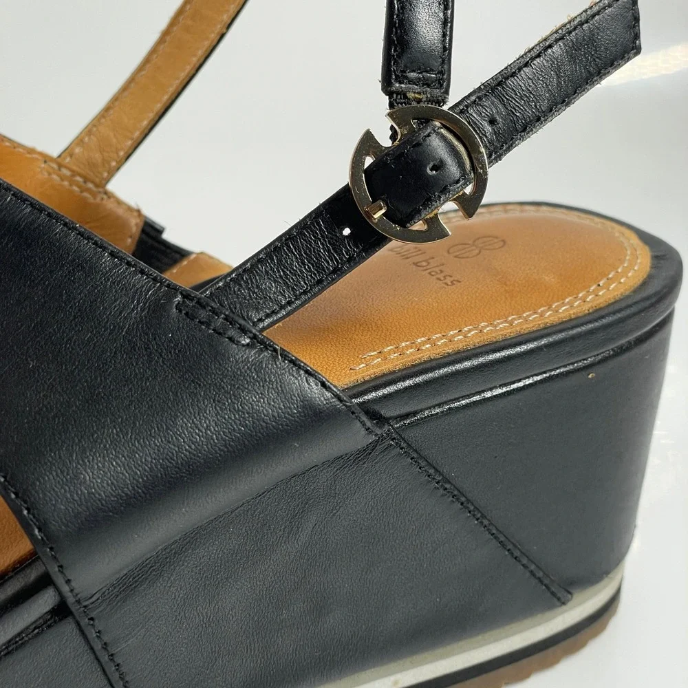 sz 7.5 Bill Blass Ursula Black Leather Platform Wedge Sandals Ankle Strap